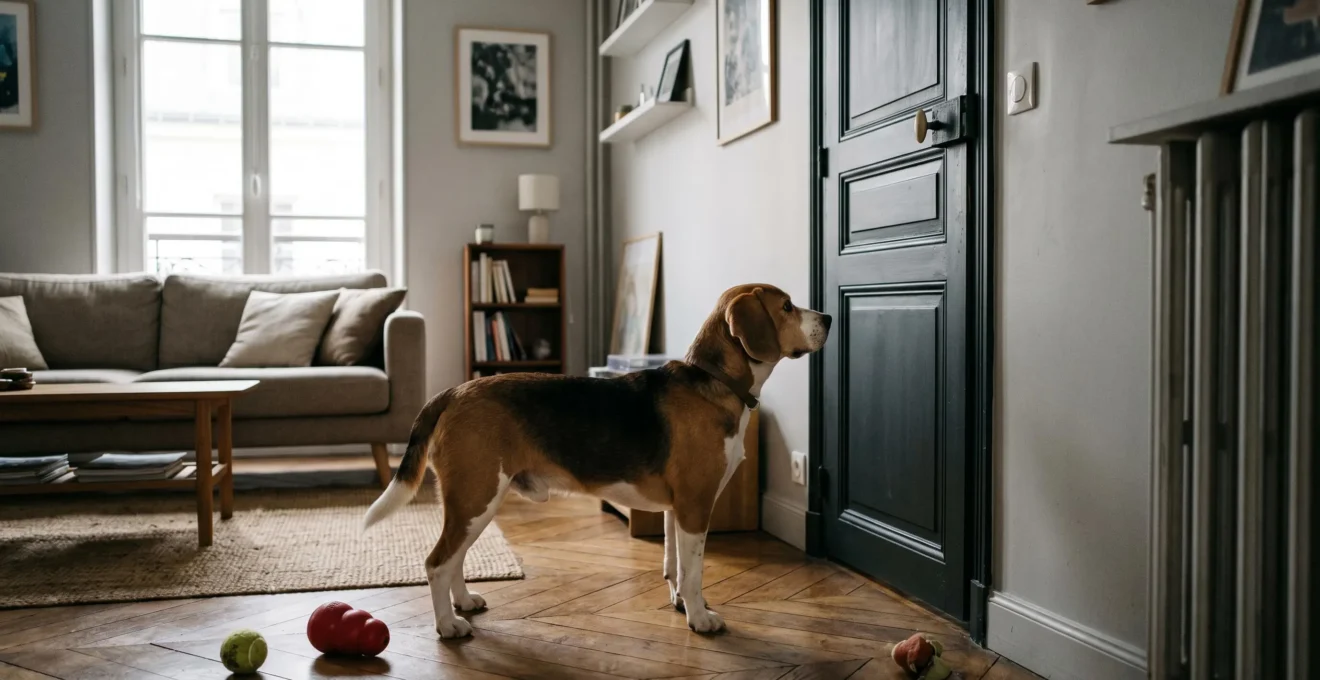 Chien de type Beagle seul dans un salon d'appartement contemporain, en position d'alerte face à la porte d'entrée, jouets d'occupation visibles au sol