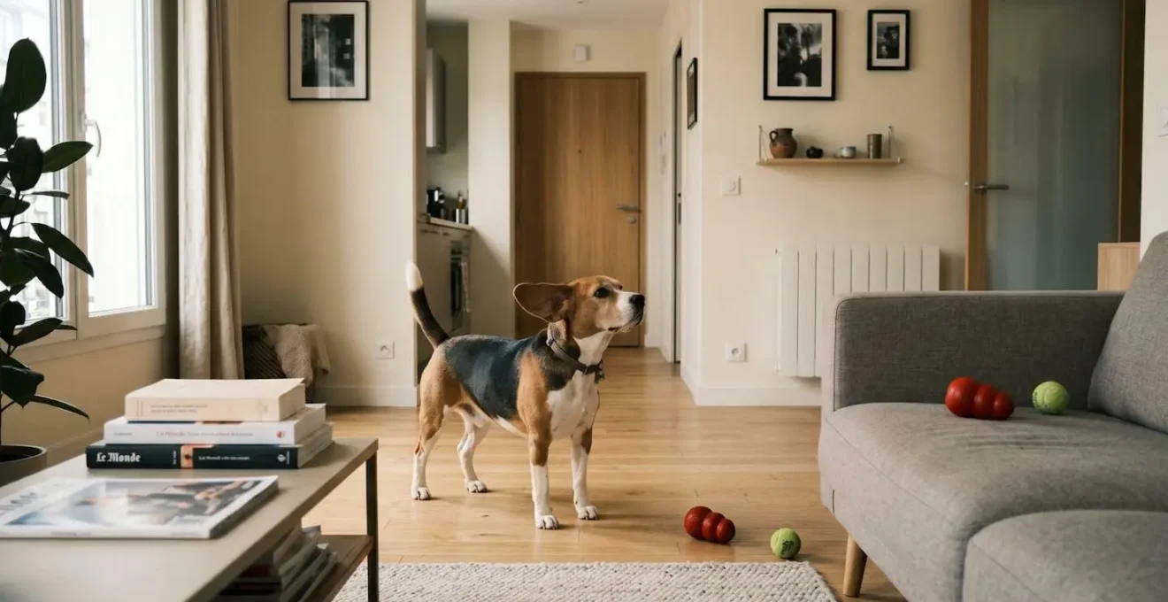 Chien de type Beagle seul dans un salon d'appartement contemporain, en position d'alerte face à la porte d'entrée, jouets d'occupation visibles au sol