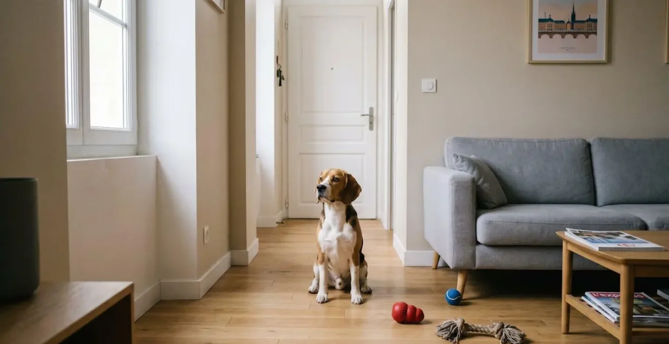 Chien de type Beagle seul dans un salon d'appartement contemporain, en position d'alerte face à la porte d'entrée, jouets d'occupation visibles au sol