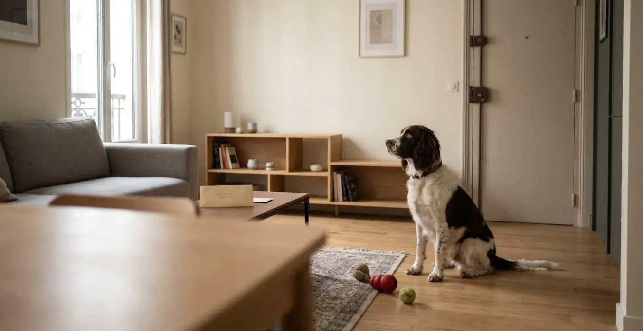 Chien de type Beagle seul dans un salon d'appartement contemporain, en position d'alerte face à la porte d'entrée, jouets d'occupation visibles au sol