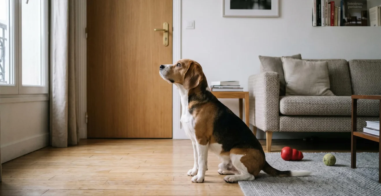 Chien de type Beagle seul dans un salon d'appartement contemporain, en position d'alerte face à la porte d'entrée, jouets d'occupation visibles au sol
