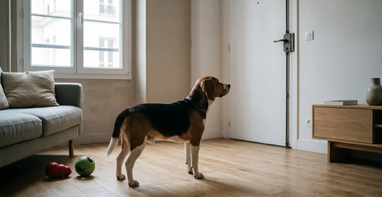 Chien de type Beagle seul dans un salon d'appartement contemporain, en position d'alerte face à la porte d'entrée, jouets d'occupation visibles au sol