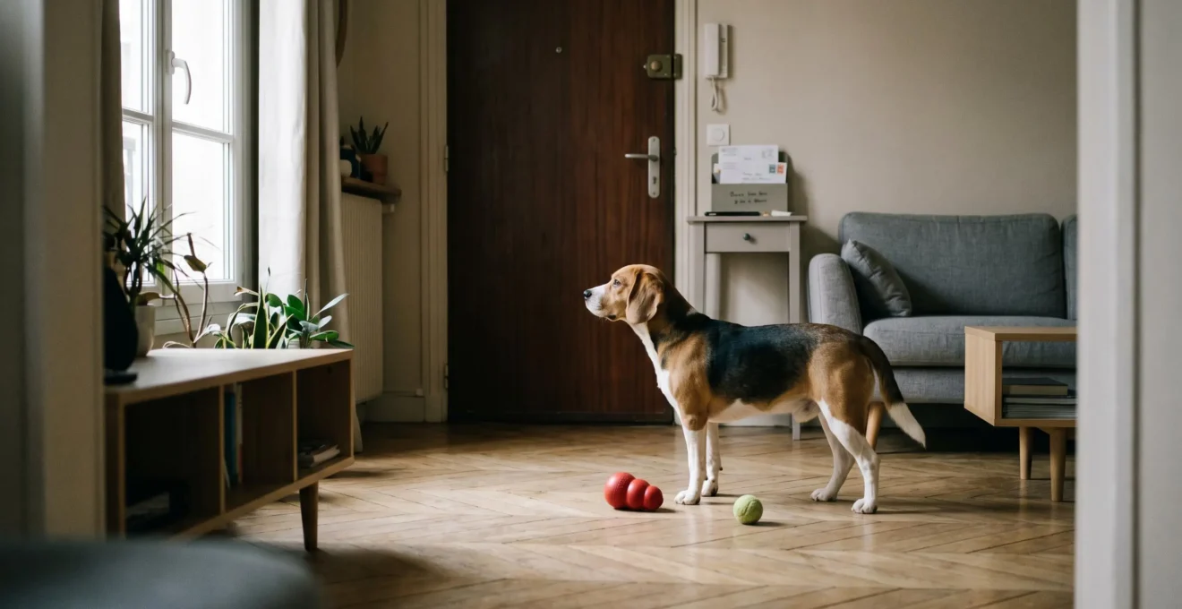 Chien de type Beagle seul dans un salon d'appartement contemporain, en position d'alerte face à la porte d'entrée, jouets d'occupation visibles au sol