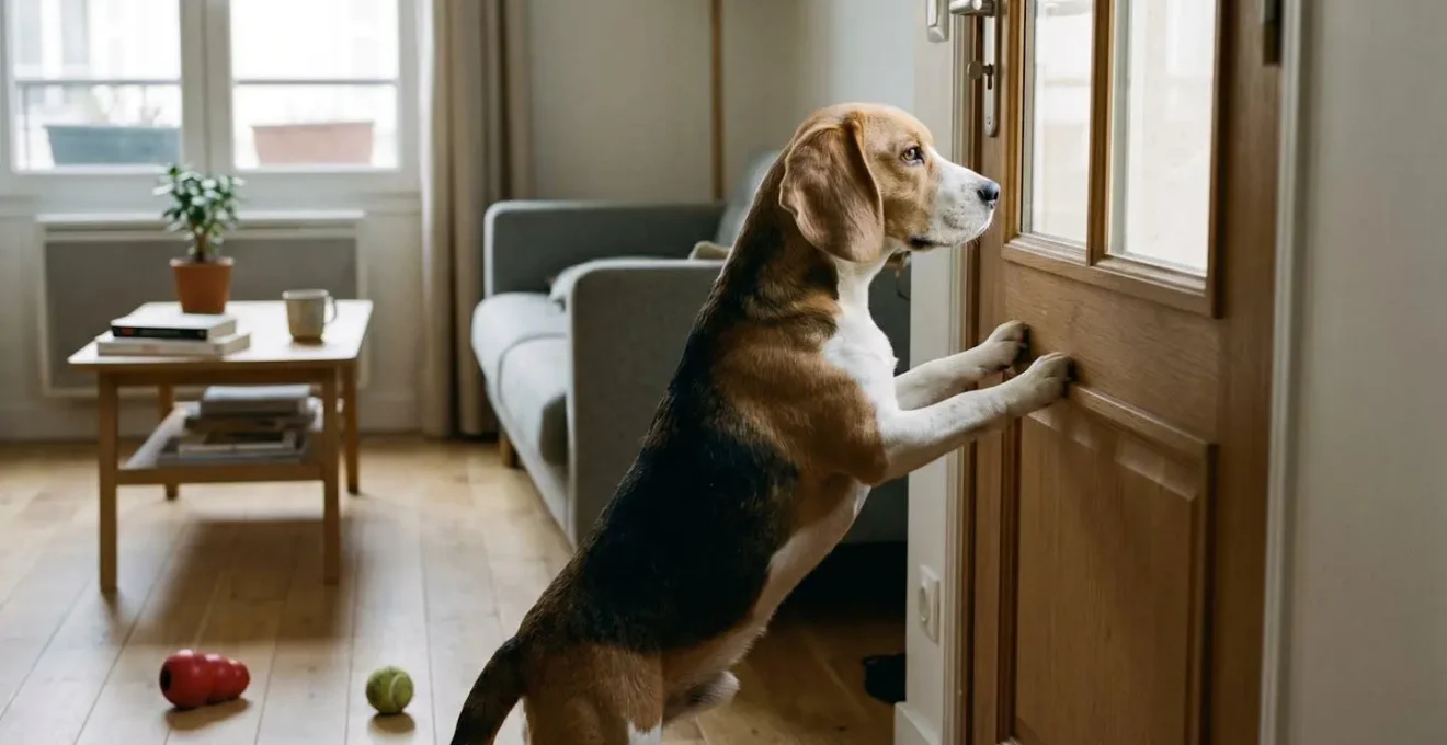 Chien de type Beagle seul dans un salon d'appartement contemporain, en position d'alerte face à la porte d'entrée, jouets d'occupation visibles au sol