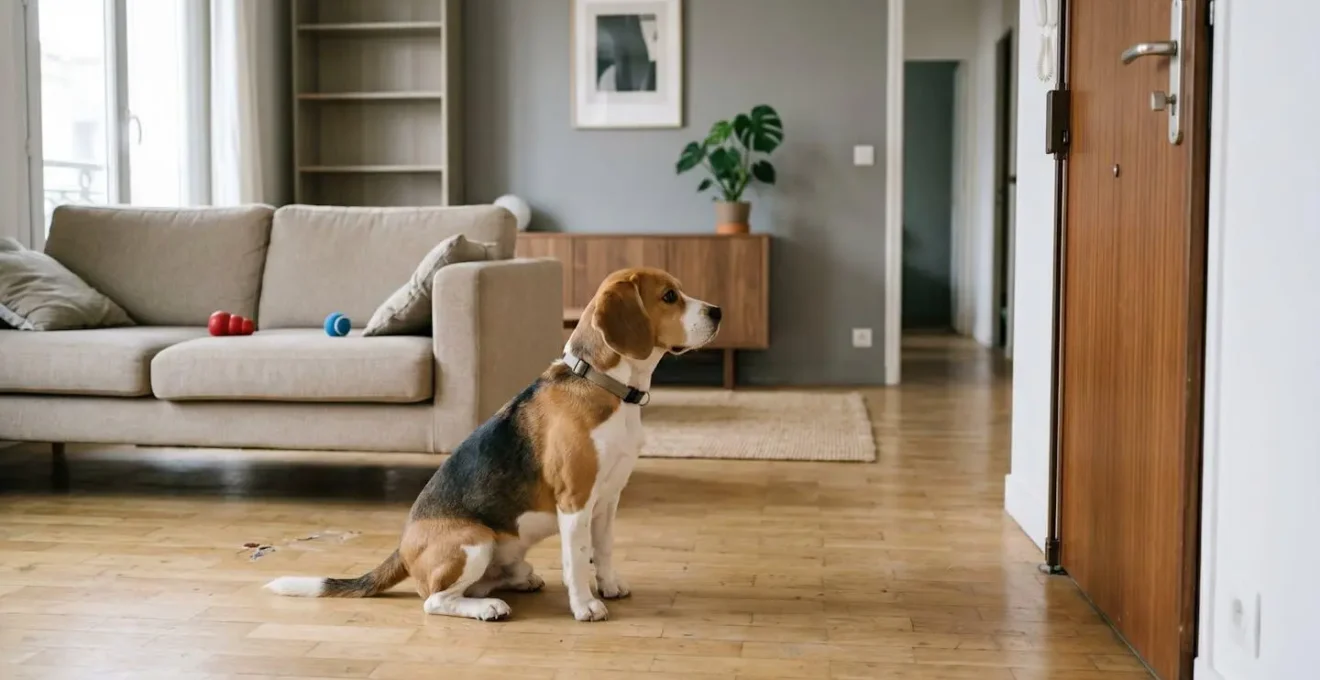 Chien de type Beagle seul dans un salon d'appartement contemporain, en position d'alerte face à la porte d'entrée, jouets d'occupation visibles au sol