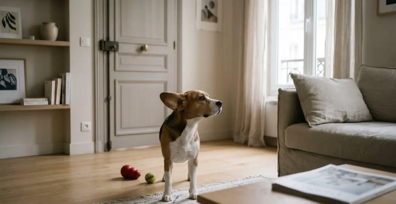 Chien de type Beagle seul dans un salon d'appartement contemporain, en position d'alerte face à la porte d'entrée, jouets d'occupation visibles au sol