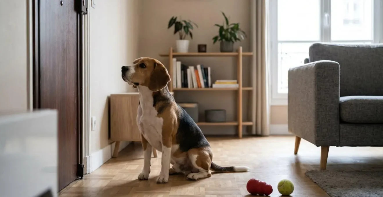 Chien de type Beagle seul dans un salon d'appartement contemporain, en position d'alerte face à la porte d'entrée, jouets d'occupation visibles au sol