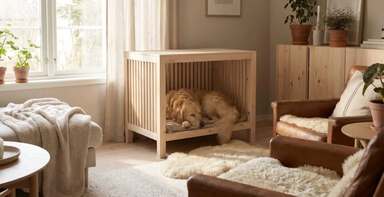 Chien golden retriever installé dans une niche surélevée en bois dans un salon contemporain