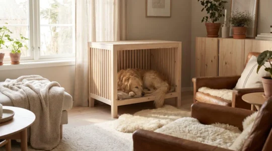 Chien golden retriever installé dans une niche surélevée en bois dans un salon contemporain