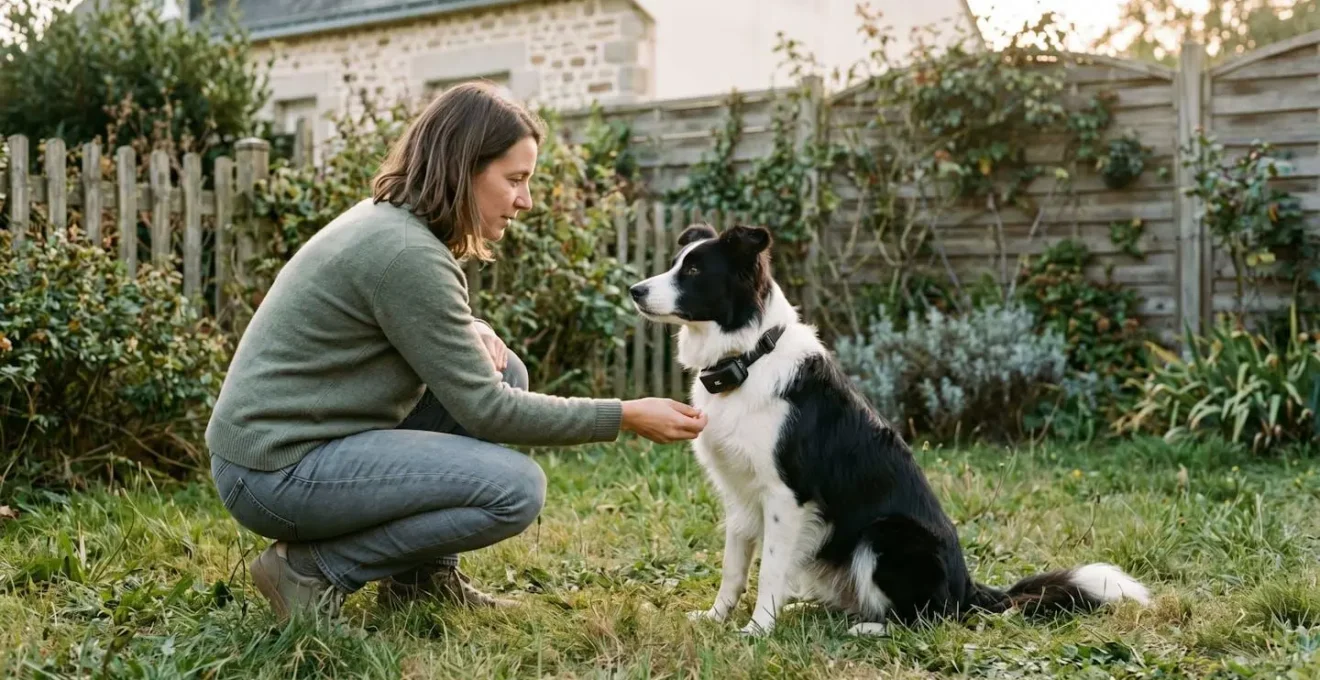 Chien de taille moyenne portant un collier anti-aboiement à spray, assis calmement dans un jardin résidentiel aux côtés de son propriétaire accroupi dans une posture d'interaction positive, lumière naturelle dorée