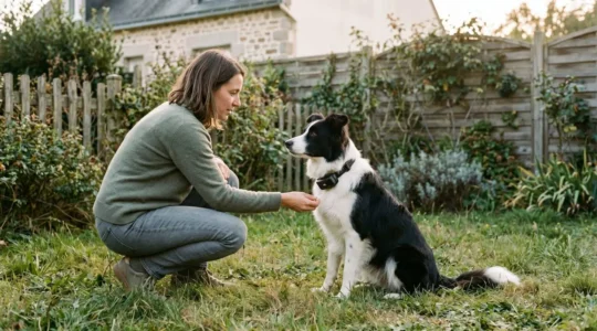 Chien de taille moyenne portant un collier anti-aboiement à spray, assis calmement dans un jardin résidentiel aux côtés de son propriétaire accroupi dans une posture d'interaction positive, lumière naturelle dorée