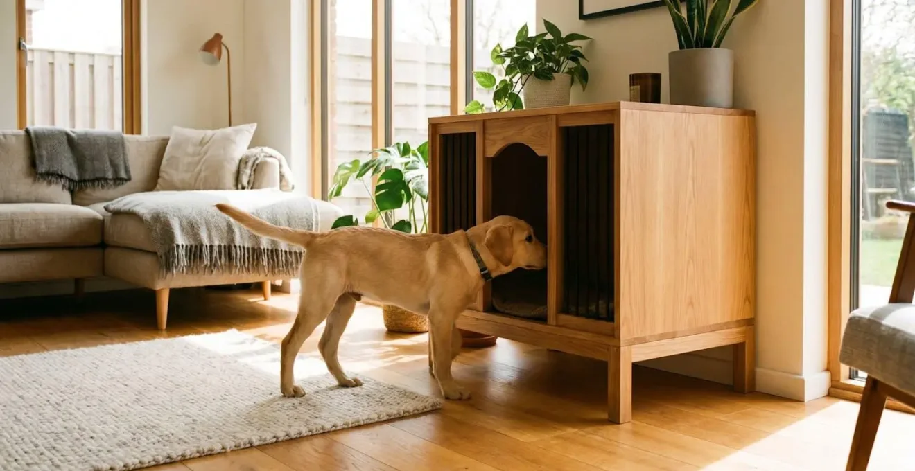 Chiot labrador explorant l'entrée d'une niche en bois dans un salon lumineux