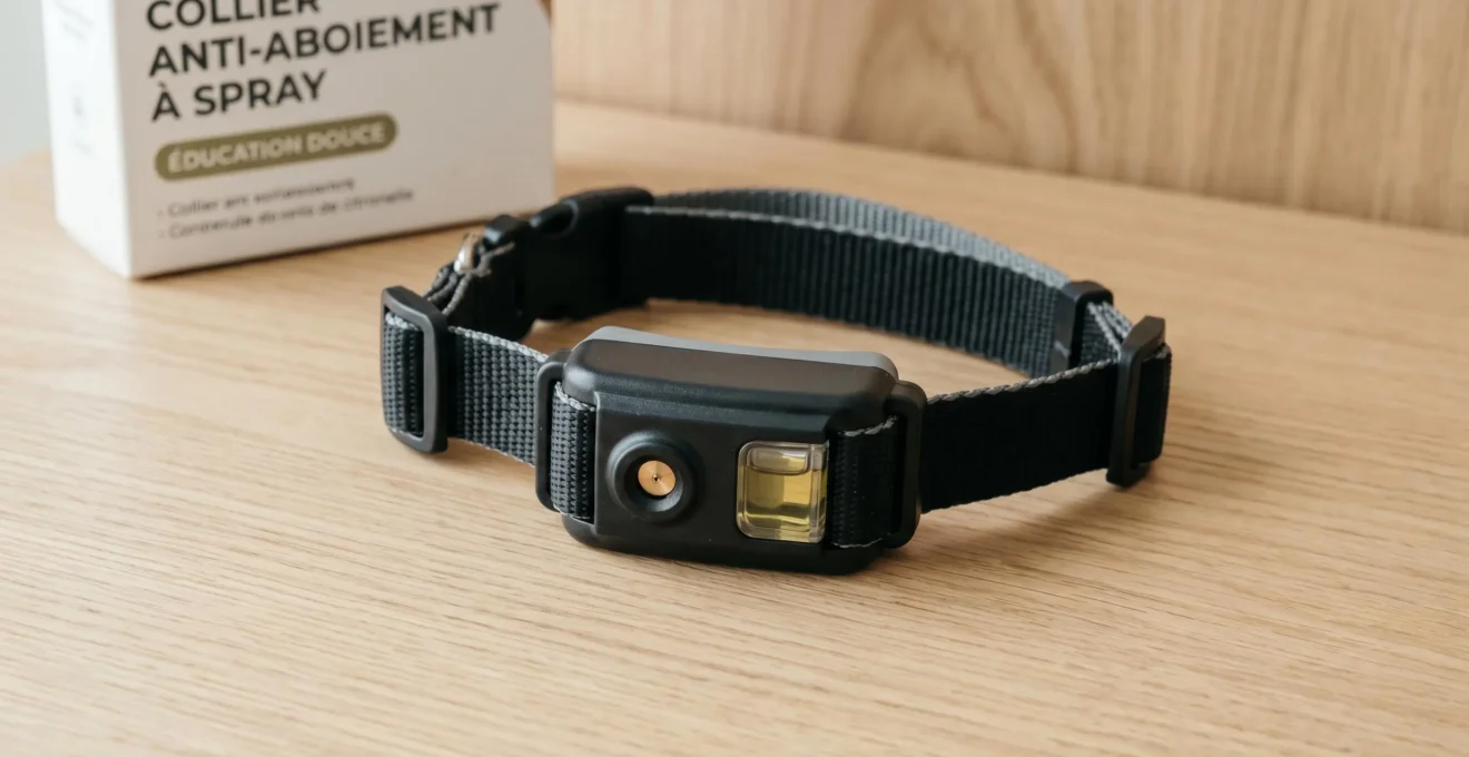 Collier anti-aboiement à spray citronnelle posé sur surface blanche épurée, cartouche visible, éclairage doux et professionnel