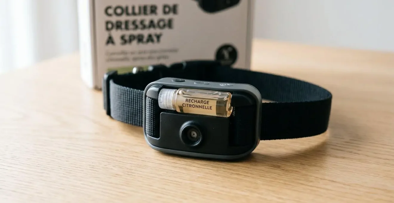 Collier anti-aboiement à spray citronnelle posé sur surface blanche épurée, cartouche visible, éclairage doux et professionnel