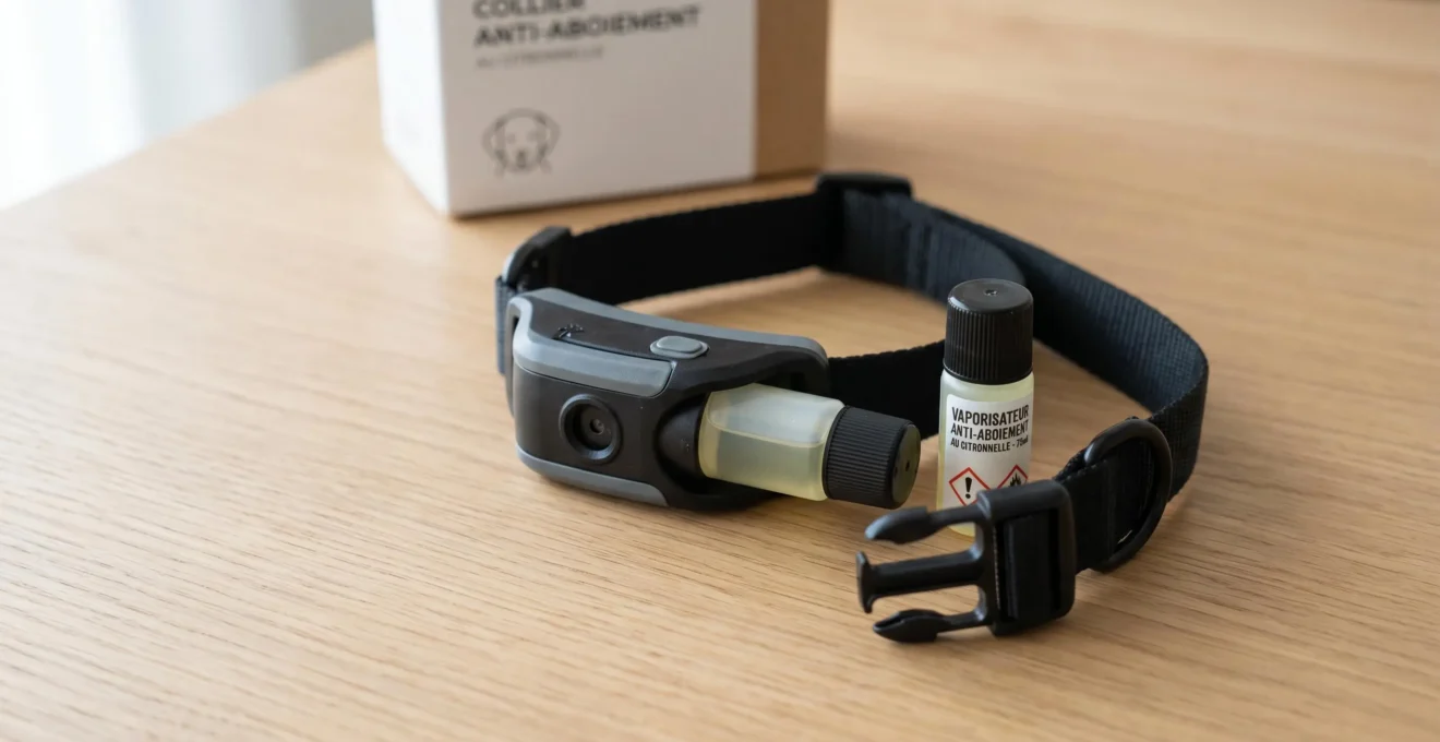 Collier anti-aboiement à spray citronnelle posé sur surface blanche épurée, cartouche visible, éclairage doux et professionnel
