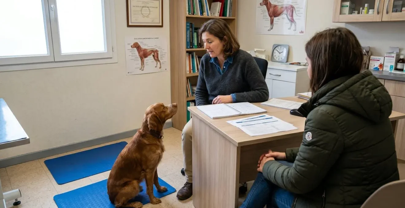 Consultation comportementale dans un cabinet vétérinaire, professionnel assis à un bureau contemporain avec propriétaire de chien, chien sur table d'examen, documents de consultation visibles, lumière naturelle latérale