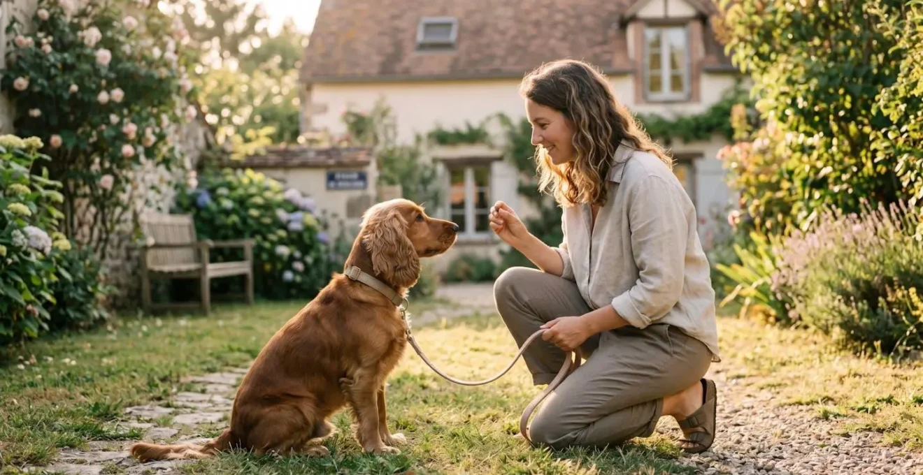 Propriétaire et chien de type Cocker dans un jardin résidentiel lors d'une séance d'éducation positive avec friandises, interaction calme et attentive, lumière naturelle d'après-midi