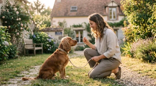 Propriétaire et chien de type Cocker dans un jardin résidentiel lors d'une séance d'éducation positive avec friandises, interaction calme et attentive, lumière naturelle d'après-midi