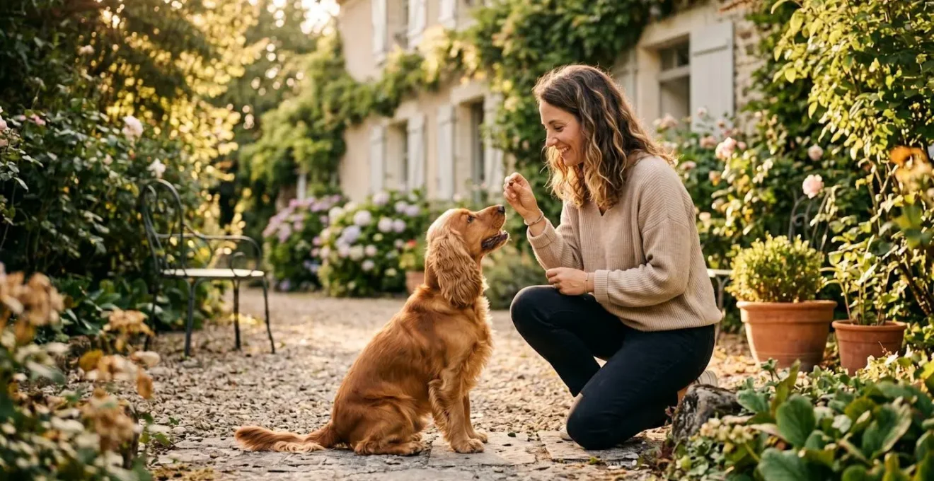 Propriétaire et chien de type Cocker dans un jardin résidentiel lors d'une séance d'éducation positive avec friandises, interaction calme et attentive, lumière naturelle d'après-midi