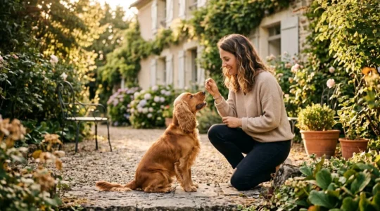 Propriétaire et chien de type Cocker dans un jardin résidentiel lors d'une séance d'éducation positive avec friandises, interaction calme et attentive, lumière naturelle d'après-midi