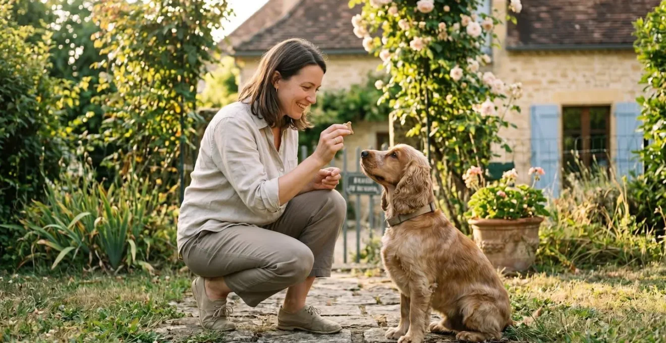 Propriétaire et chien de type Cocker dans un jardin résidentiel lors d'une séance d'éducation positive avec friandises, interaction calme et attentive, lumière naturelle d'après-midi