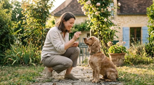 Propriétaire et chien de type Cocker dans un jardin résidentiel lors d'une séance d'éducation positive avec friandises, interaction calme et attentive, lumière naturelle d'après-midi