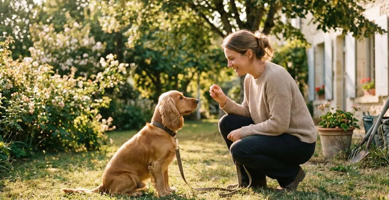 Propriétaire et chien de type Cocker dans un jardin résidentiel lors d'une séance d'éducation positive avec friandises, interaction calme et attentive, lumière naturelle d'après-midi