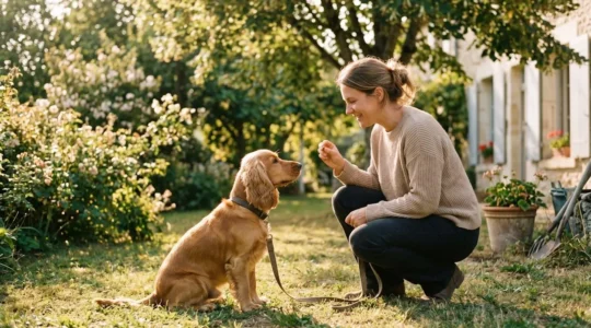 Propriétaire et chien de type Cocker dans un jardin résidentiel lors d'une séance d'éducation positive avec friandises, interaction calme et attentive, lumière naturelle d'après-midi