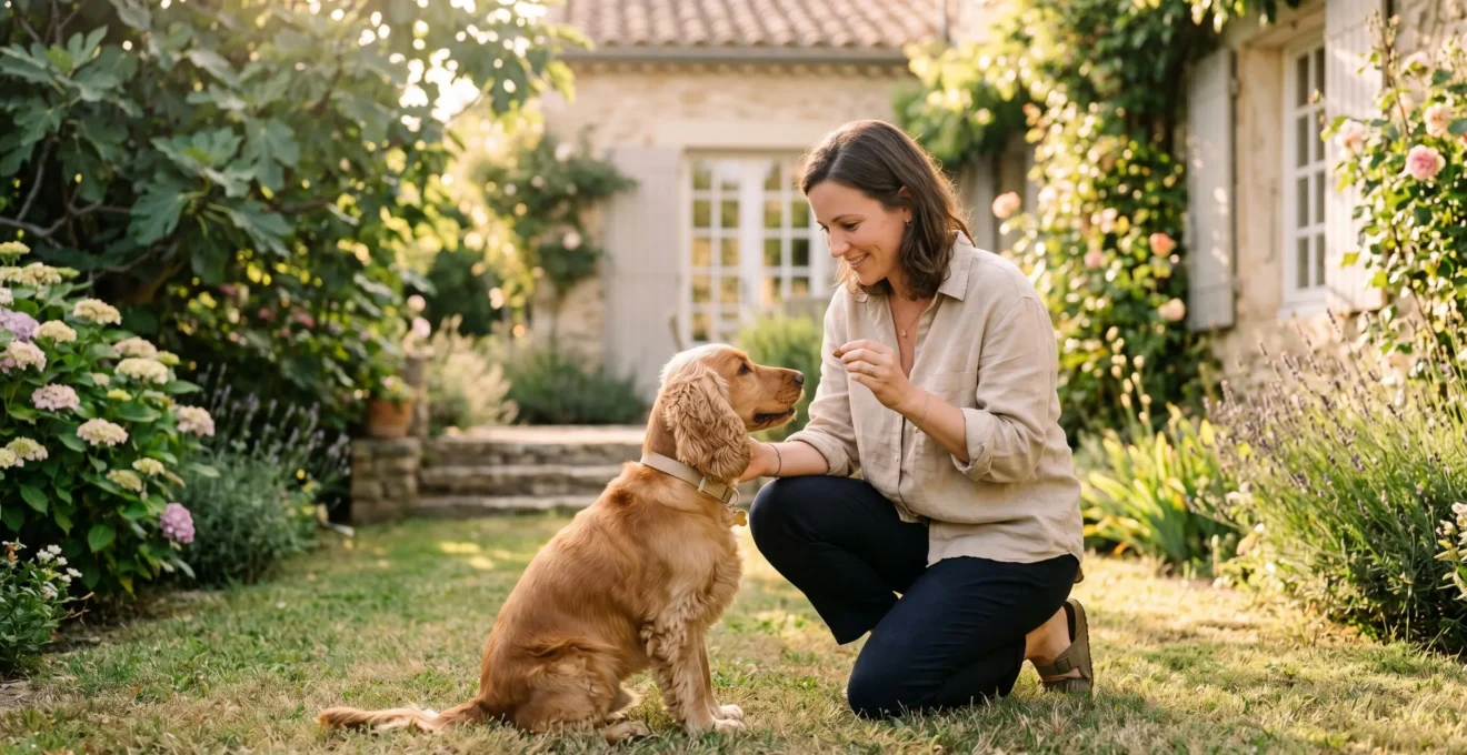 Propriétaire et chien de type Cocker dans un jardin résidentiel lors d'une séance d'éducation positive avec friandises, interaction calme et attentive, lumière naturelle d'après-midi