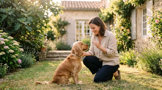 Propriétaire et chien de type Cocker dans un jardin résidentiel lors d'une séance d'éducation positive avec friandises, interaction calme et attentive, lumière naturelle d'après-midi