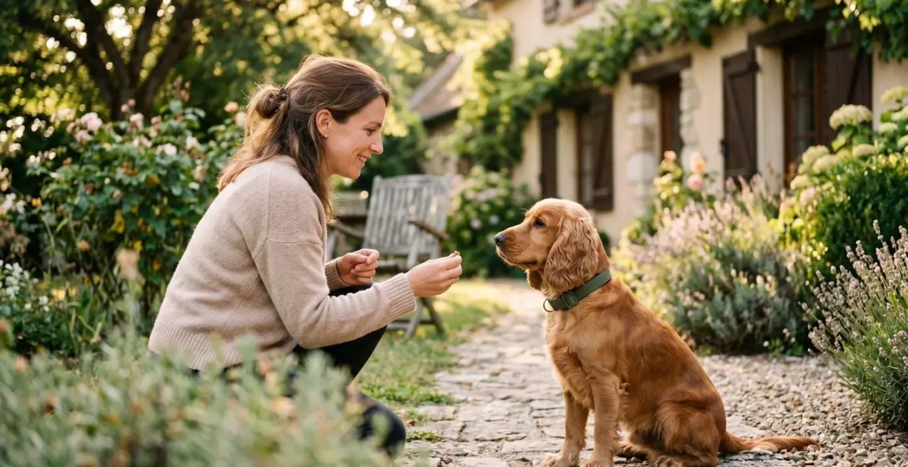 Propriétaire et chien de type Cocker dans un jardin résidentiel lors d'une séance d'éducation positive avec friandises, interaction calme et attentive, lumière naturelle d'après-midi