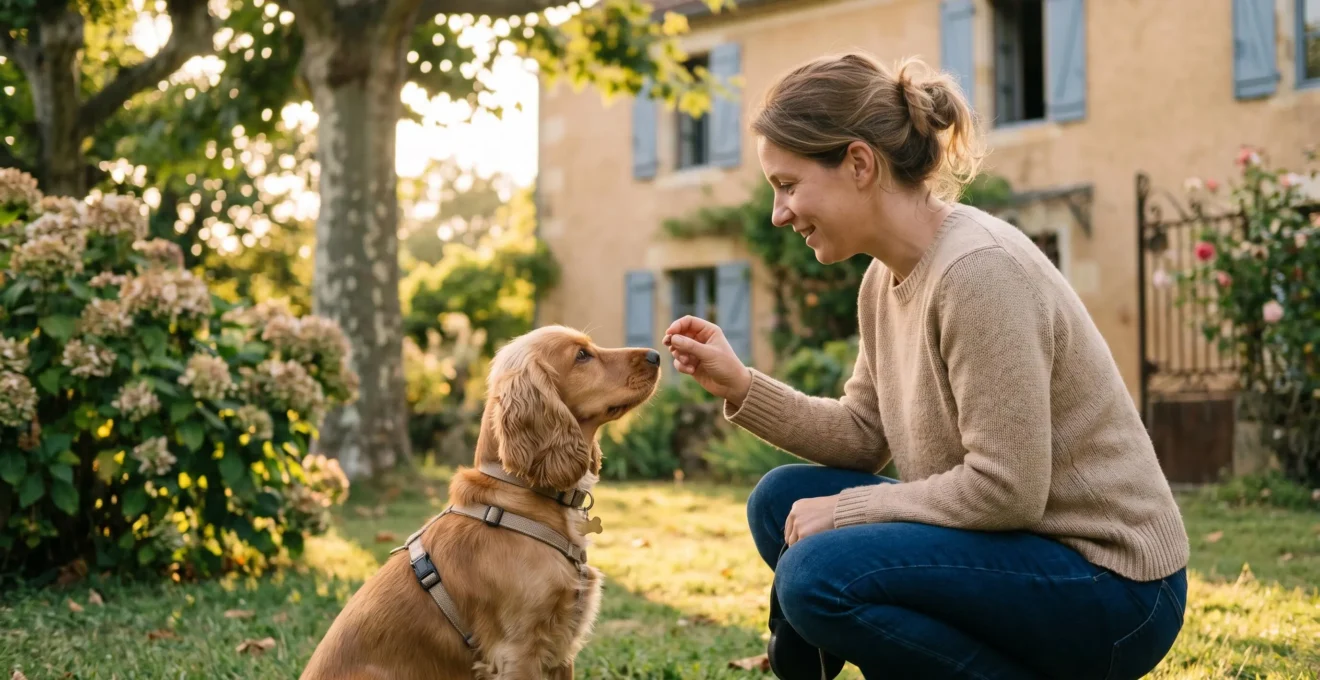Propriétaire et chien de type Cocker dans un jardin résidentiel lors d'une séance d'éducation positive avec friandises, interaction calme et attentive, lumière naturelle d'après-midi