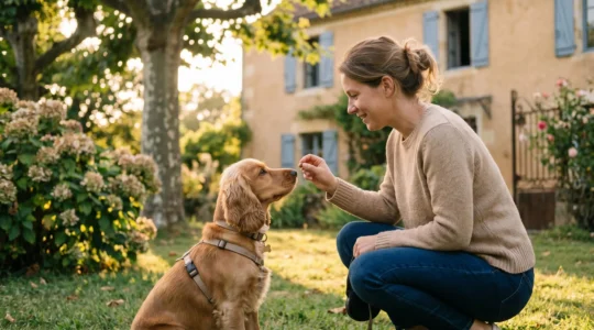 Propriétaire et chien de type Cocker dans un jardin résidentiel lors d'une séance d'éducation positive avec friandises, interaction calme et attentive, lumière naturelle d'après-midi