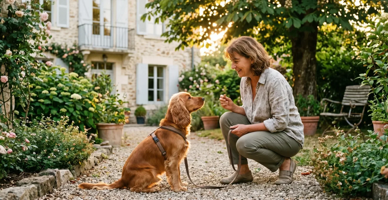 Propriétaire et chien de type Cocker dans un jardin résidentiel lors d'une séance d'éducation positive avec friandises, interaction calme et attentive, lumière naturelle d'après-midi
