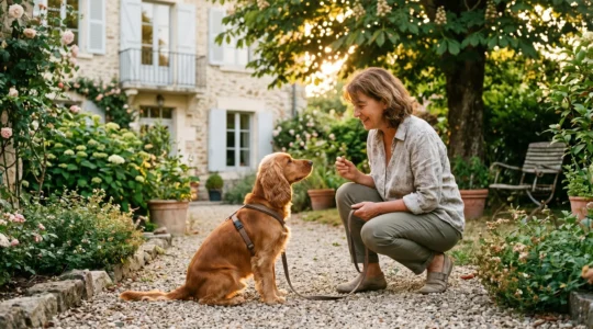 Propriétaire et chien de type Cocker dans un jardin résidentiel lors d'une séance d'éducation positive avec friandises, interaction calme et attentive, lumière naturelle d'après-midi