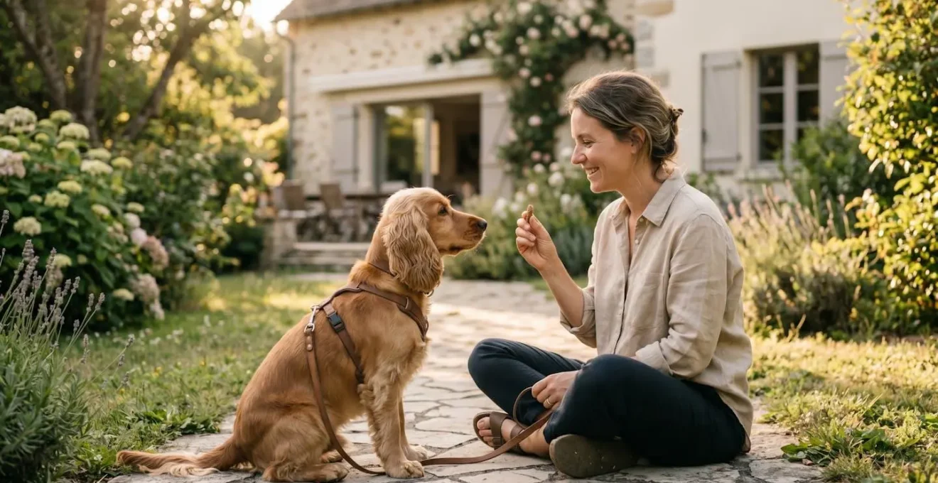 Propriétaire et chien de type Cocker dans un jardin résidentiel lors d'une séance d'éducation positive avec friandises, interaction calme et attentive, lumière naturelle d'après-midi