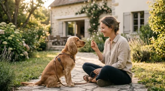 Propriétaire et chien de type Cocker dans un jardin résidentiel lors d'une séance d'éducation positive avec friandises, interaction calme et attentive, lumière naturelle d'après-midi