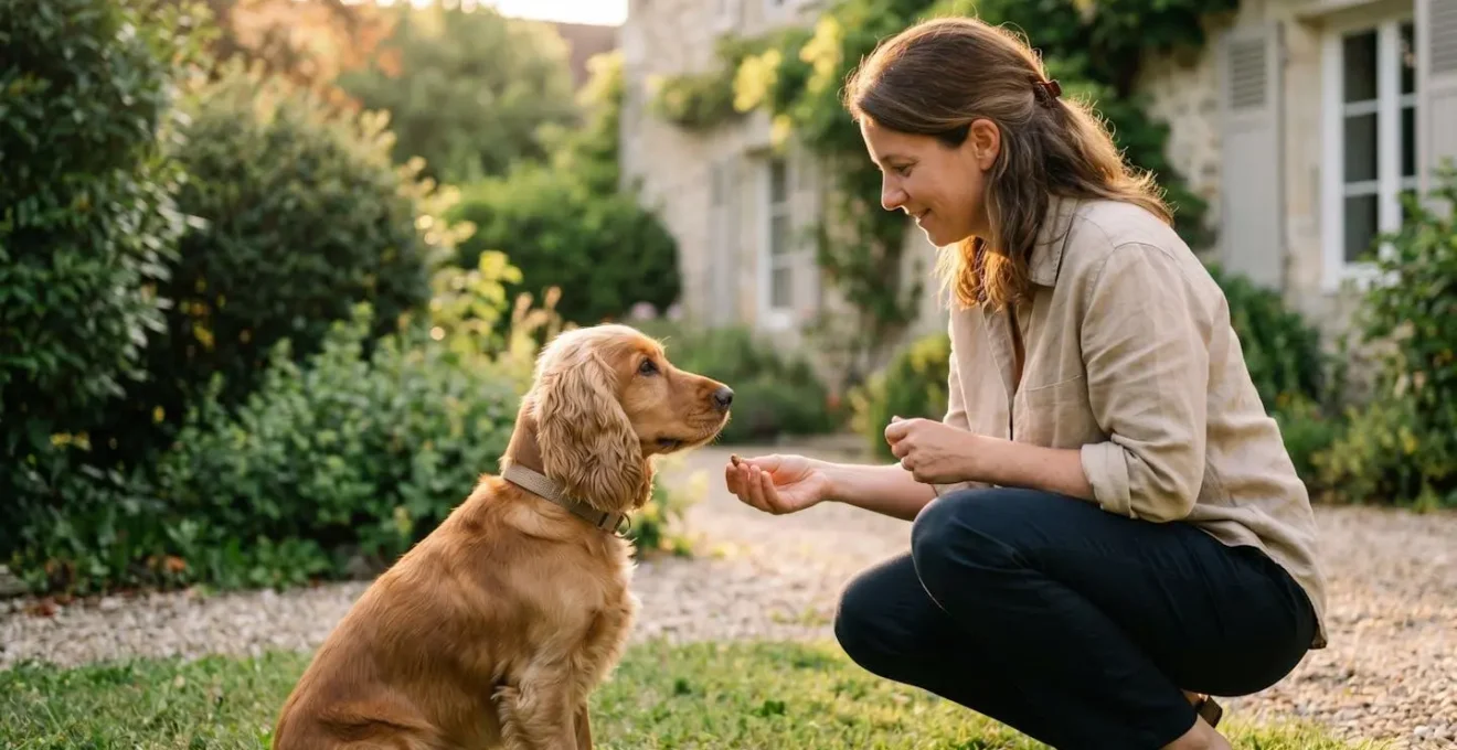 Propriétaire et chien de type Cocker dans un jardin résidentiel lors d'une séance d'éducation positive avec friandises, interaction calme et attentive, lumière naturelle d'après-midi