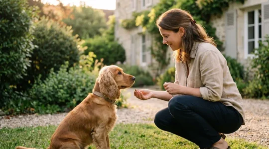 Propriétaire et chien de type Cocker dans un jardin résidentiel lors d'une séance d'éducation positive avec friandises, interaction calme et attentive, lumière naturelle d'après-midi