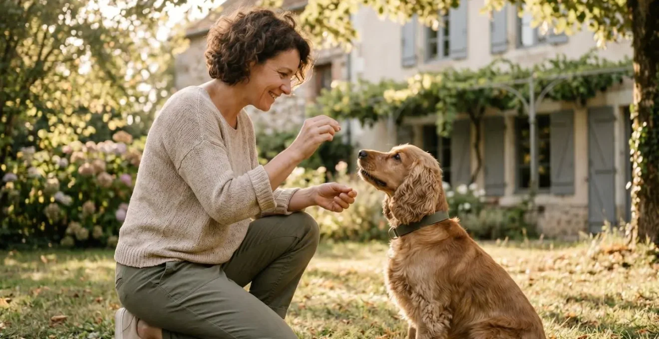Propriétaire et chien de type Cocker dans un jardin résidentiel lors d'une séance d'éducation positive avec friandises, interaction calme et attentive, lumière naturelle d'après-midi