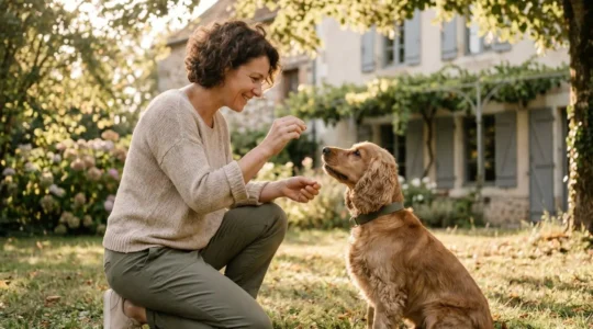 Propriétaire et chien de type Cocker dans un jardin résidentiel lors d'une séance d'éducation positive avec friandises, interaction calme et attentive, lumière naturelle d'après-midi