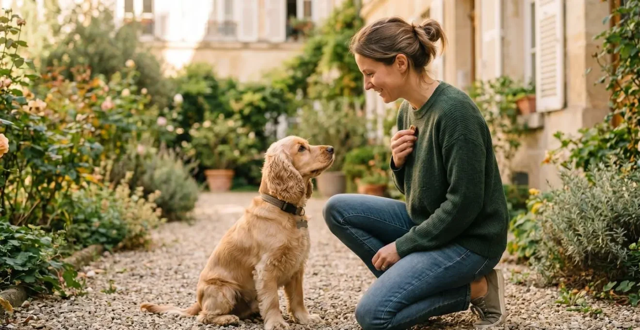 Propriétaire et chien de type Cocker dans un jardin résidentiel lors d'une séance d'éducation positive avec friandises, interaction calme et attentive, lumière naturelle d'après-midi