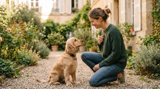 Propriétaire et chien de type Cocker dans un jardin résidentiel lors d'une séance d'éducation positive avec friandises, interaction calme et attentive, lumière naturelle d'après-midi