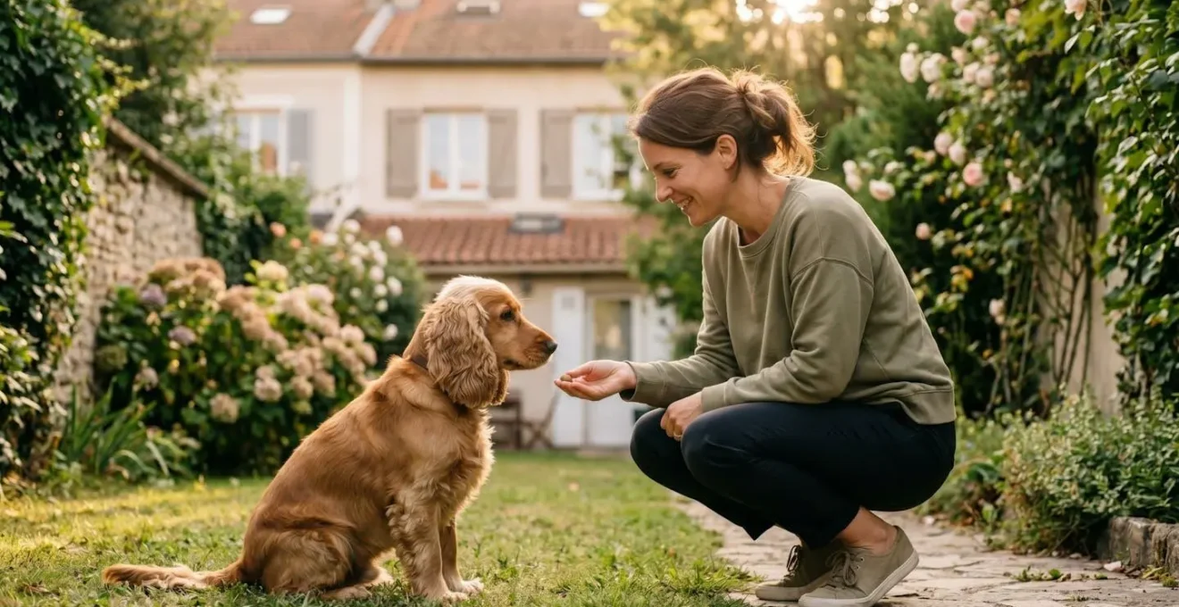 Propriétaire et chien de type Cocker dans un jardin résidentiel lors d'une séance d'éducation positive avec friandises, interaction calme et attentive, lumière naturelle d'après-midi