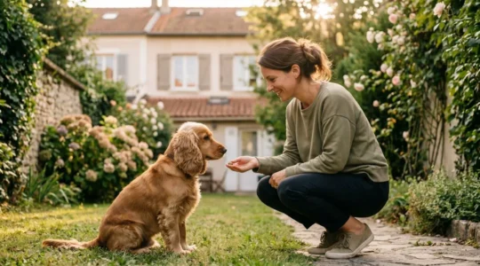 Propriétaire et chien de type Cocker dans un jardin résidentiel lors d'une séance d'éducation positive avec friandises, interaction calme et attentive, lumière naturelle d'après-midi