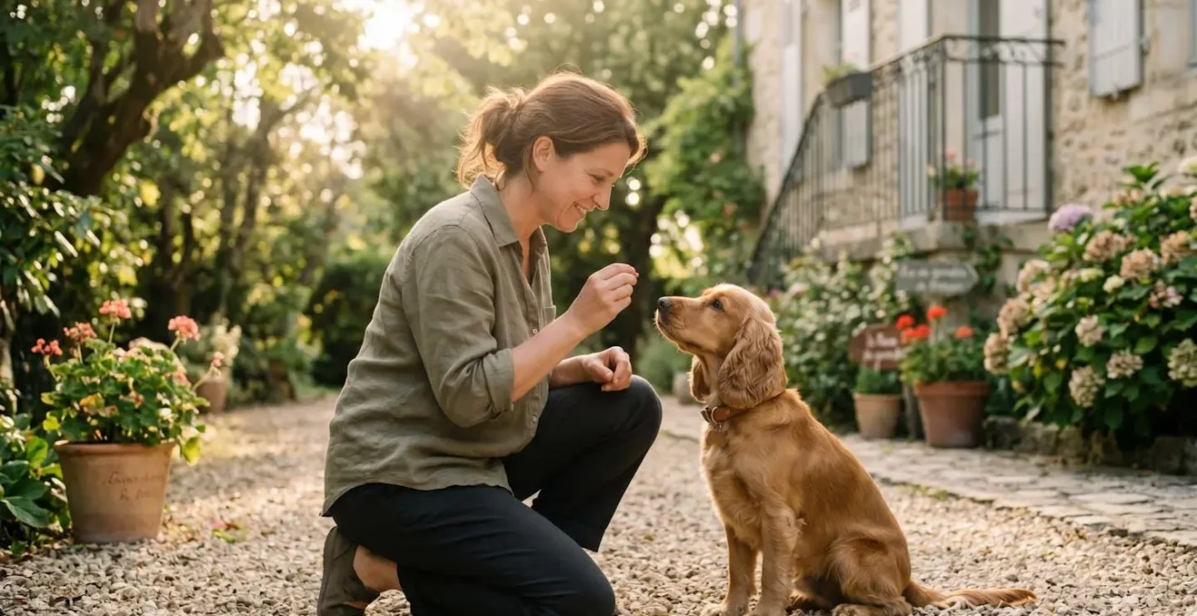 Propriétaire et chien de type Cocker dans un jardin résidentiel lors d'une séance d'éducation positive avec friandises, interaction calme et attentive, lumière naturelle d'après-midi