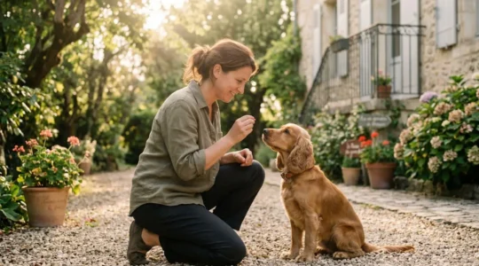 Propriétaire et chien de type Cocker dans un jardin résidentiel lors d'une séance d'éducation positive avec friandises, interaction calme et attentive, lumière naturelle d'après-midi
