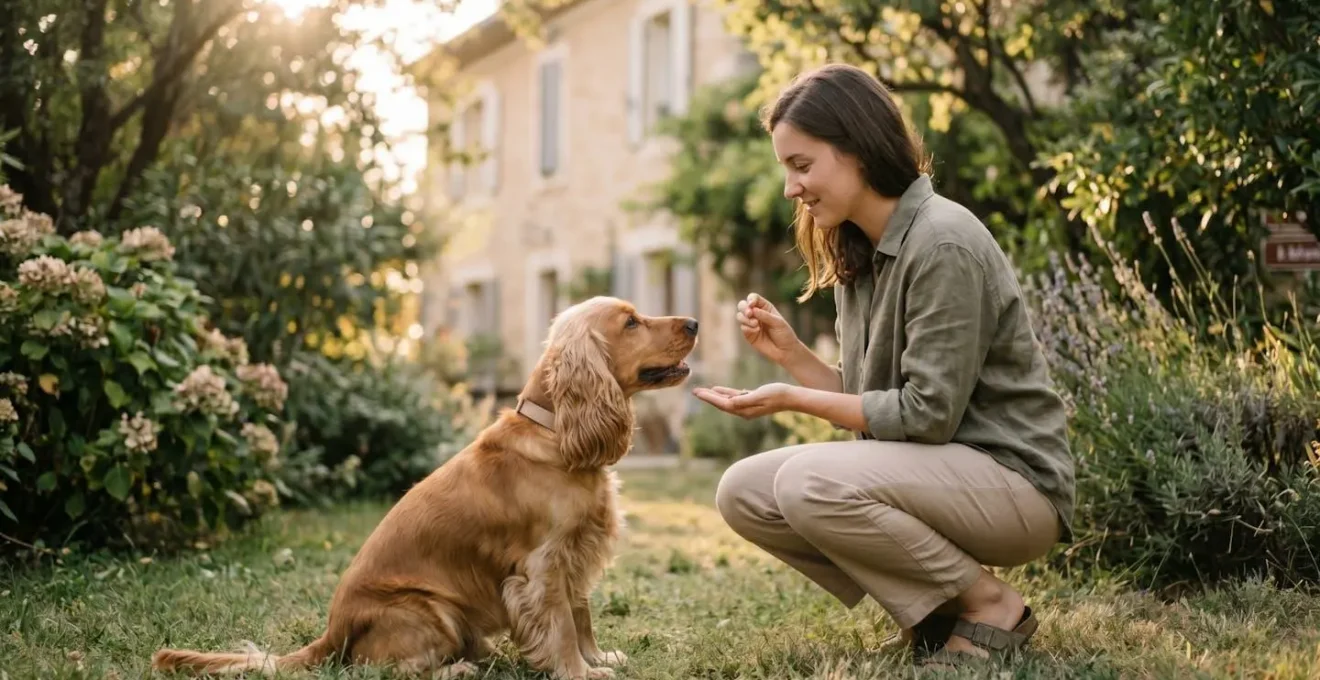 Propriétaire et chien de type Cocker dans un jardin résidentiel lors d'une séance d'éducation positive avec friandises, interaction calme et attentive, lumière naturelle d'après-midi