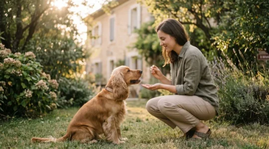 Propriétaire et chien de type Cocker dans un jardin résidentiel lors d'une séance d'éducation positive avec friandises, interaction calme et attentive, lumière naturelle d'après-midi