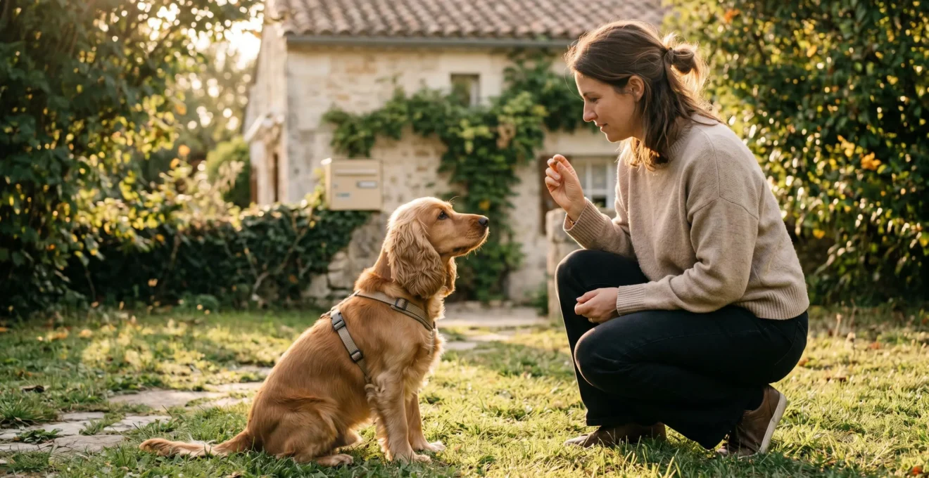 Propriétaire et chien de type Cocker dans un jardin résidentiel lors d'une séance d'éducation positive avec friandises, interaction calme et attentive, lumière naturelle d'après-midi